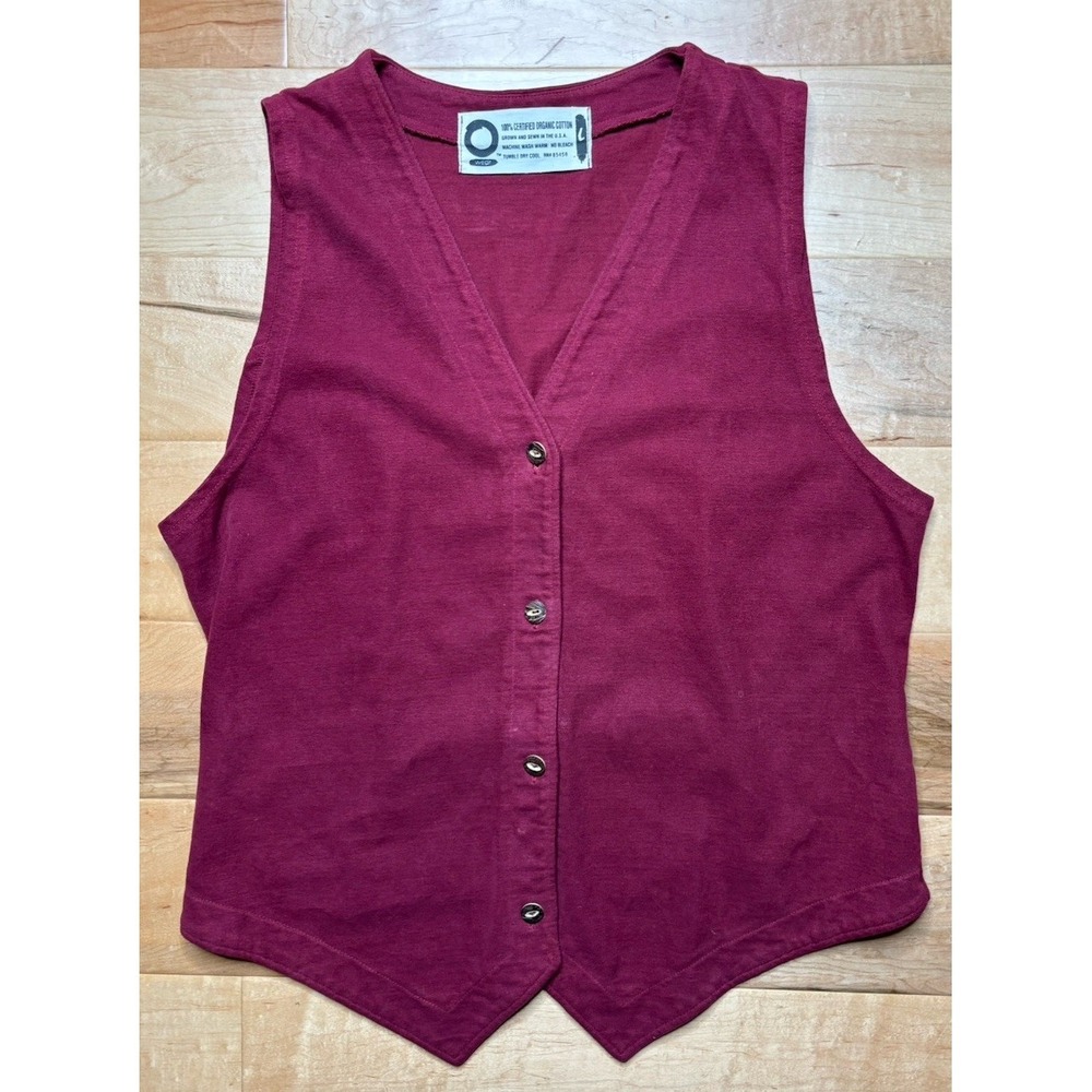Organic Cotton Burgundy Vest Women L Button Front Teacher‎ Academia Granola USA